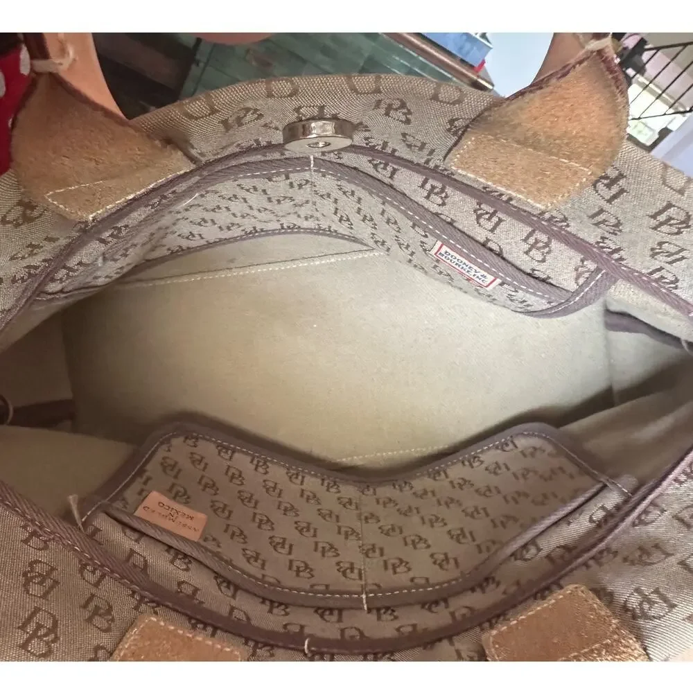 Dooney & Bourke Canvas Leather Monogram Shoulder Handbag Beige Tassel Snap